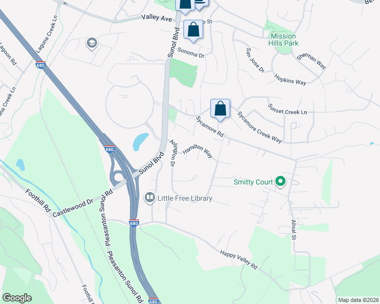 map of restaurants, bars, coffee shops, grocery stores, and more near 6580 Lansing Court in Pleasanton