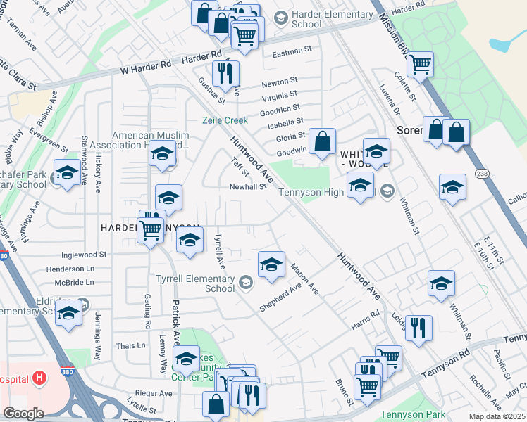 map of restaurants, bars, coffee shops, grocery stores, and more near 399 Schafer Road in Hayward