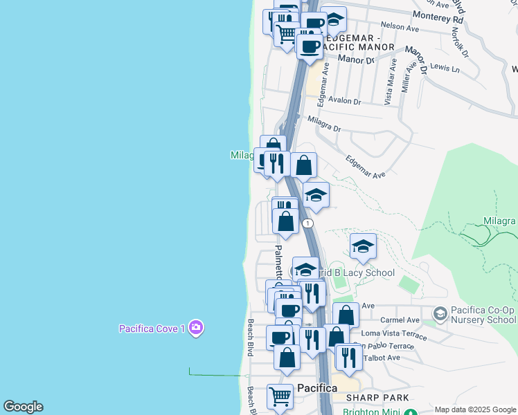 map of restaurants, bars, coffee shops, grocery stores, and more near 1300 Palmetto Avenue in Pacifica