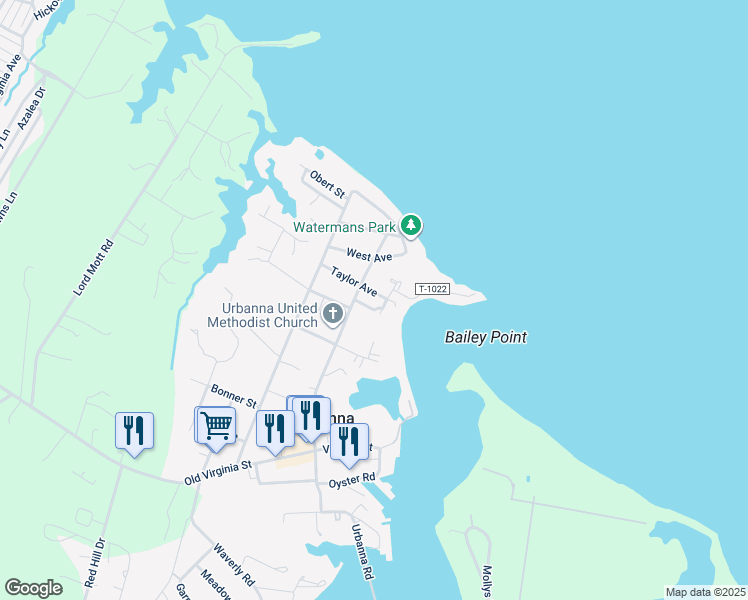 map of restaurants, bars, coffee shops, grocery stores, and more near 130 Taylor Avenue in Urbanna