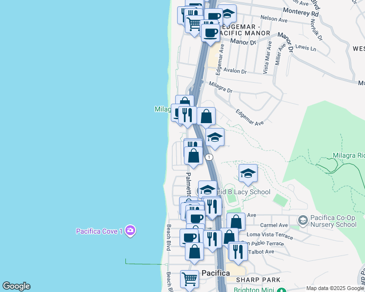 map of restaurants, bars, coffee shops, grocery stores, and more near 1300 Palmetto Avenue in Pacifica
