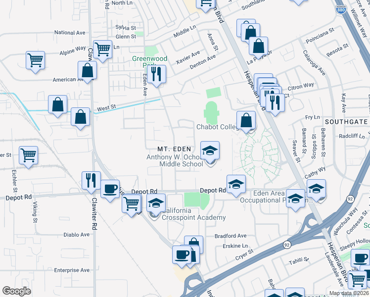 map of restaurants, bars, coffee shops, grocery stores, and more near 25066 Dania Lane in Hayward
