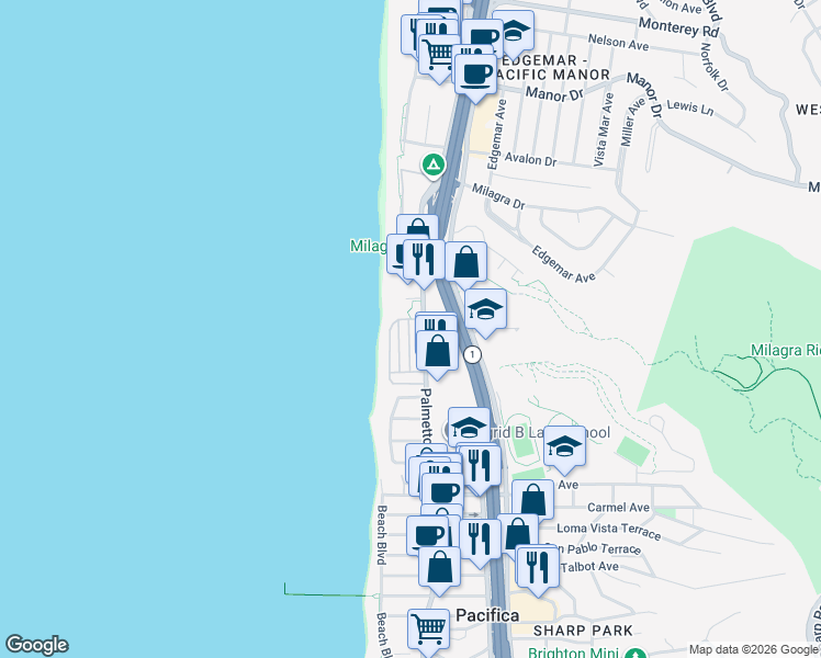 map of restaurants, bars, coffee shops, grocery stores, and more near 1300 Palmetto Avenue in Pacifica