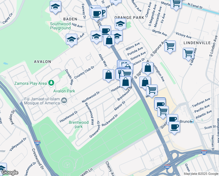 map of restaurants, bars, coffee shops, grocery stores, and more near 205 Hazelwood Drive in South San Francisco