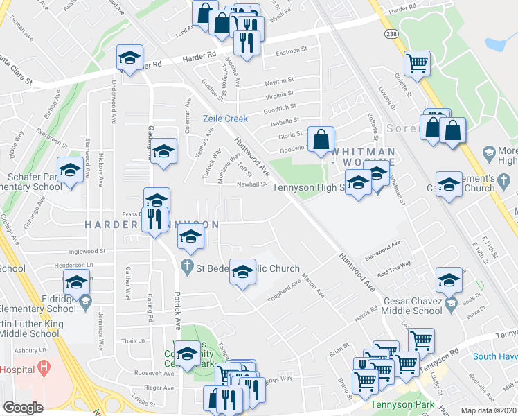 map of restaurants, bars, coffee shops, grocery stores, and more near 447 Schafer Road in Hayward