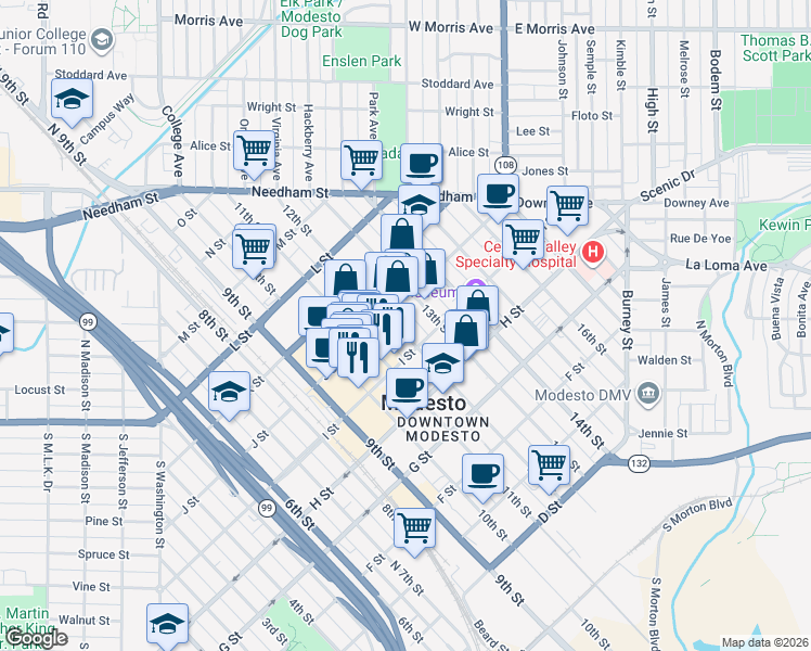 map of restaurants, bars, coffee shops, grocery stores, and more near 1125 I Street in Modesto