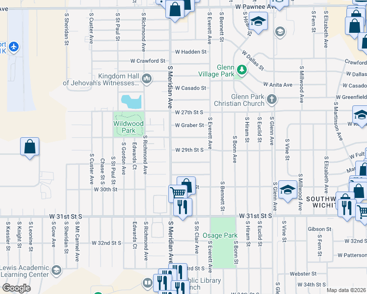 map of restaurants, bars, coffee shops, grocery stores, and more near 2341 West Sunnybrook Street in Wichita