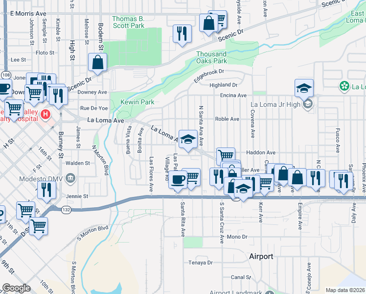 map of restaurants, bars, coffee shops, grocery stores, and more near 210 Wilson Avenue in Modesto