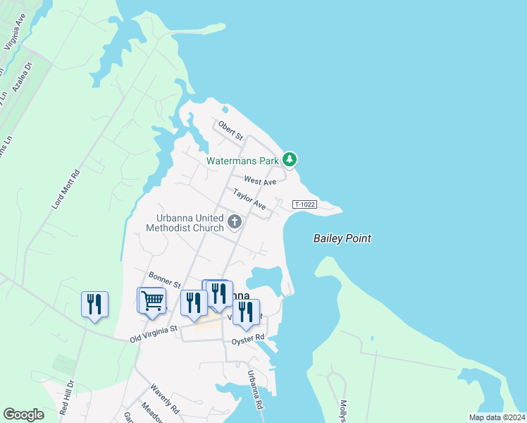 map of restaurants, bars, coffee shops, grocery stores, and more near 130 Taylor Avenue in Urbanna