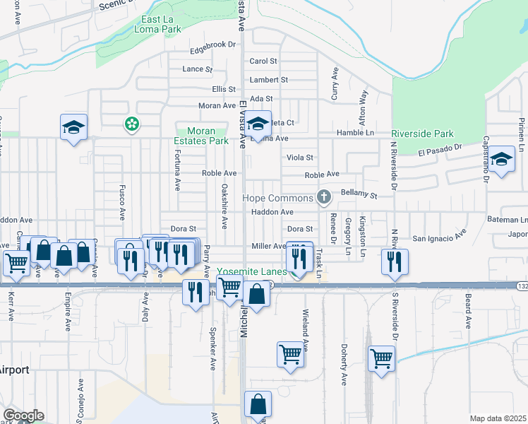 map of restaurants, bars, coffee shops, grocery stores, and more near 2225 Haddon Avenue in Modesto