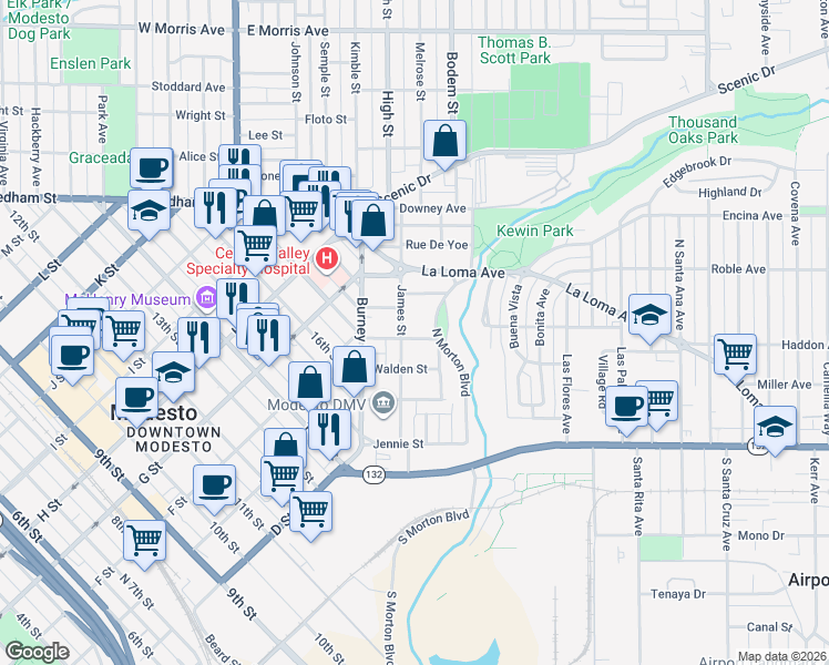 map of restaurants, bars, coffee shops, grocery stores, and more near 214 James Street in Modesto