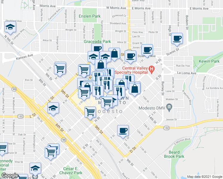 map of restaurants, bars, coffee shops, grocery stores, and more near 901 13th Street in Modesto
