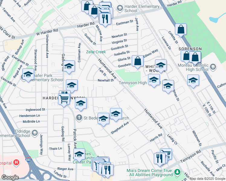 map of restaurants, bars, coffee shops, grocery stores, and more near 447 Schafer Road in Hayward