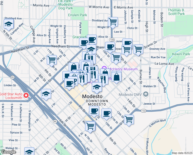 map of restaurants, bars, coffee shops, grocery stores, and more near 1301 I Street in Modesto