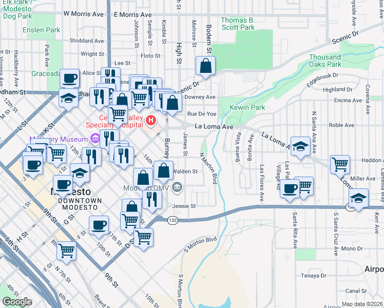 map of restaurants, bars, coffee shops, grocery stores, and more near 214 James Street in Modesto