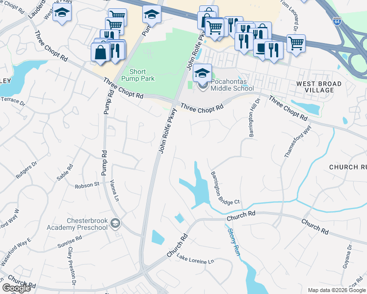 map of restaurants, bars, coffee shops, grocery stores, and more near 11816 Oak Point Court in Richmond