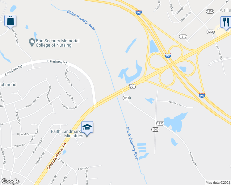 map of restaurants, bars, coffee shops, grocery stores, and more near 8500-8530 Chamberlayne Road in Richmond