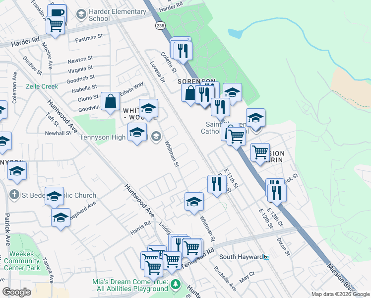map of restaurants, bars, coffee shops, grocery stores, and more near 27239 Dunbar Place in Hayward