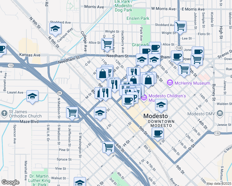 map of restaurants, bars, coffee shops, grocery stores, and more near 1000 L Street in Modesto