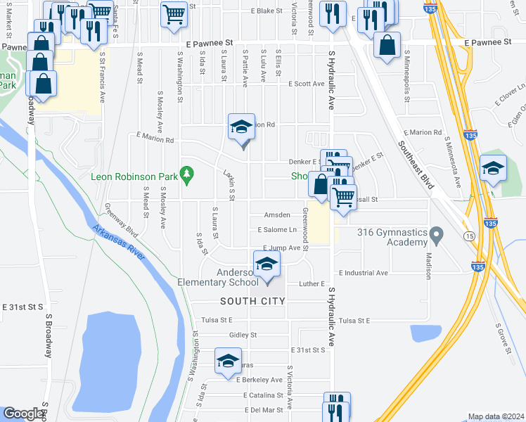 map of restaurants, bars, coffee shops, grocery stores, and more near 1320 Amsden in Wichita