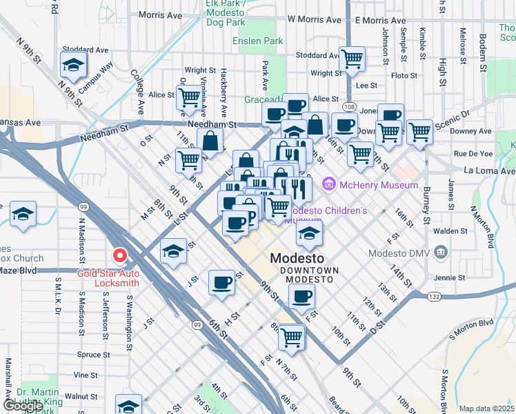 map of restaurants, bars, coffee shops, grocery stores, and more near 1016 12th Street in Modesto