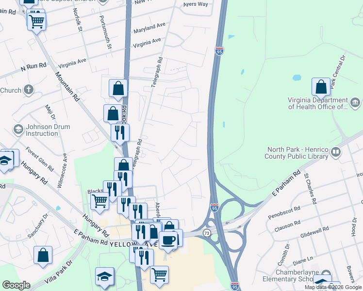 map of restaurants, bars, coffee shops, grocery stores, and more near 930 Columbus Avenue in Glen Allen