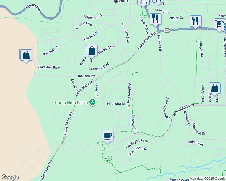 map of restaurants, bars, coffee shops, grocery stores, and more near 50 Silver Tip Lane in Mammoth Lakes