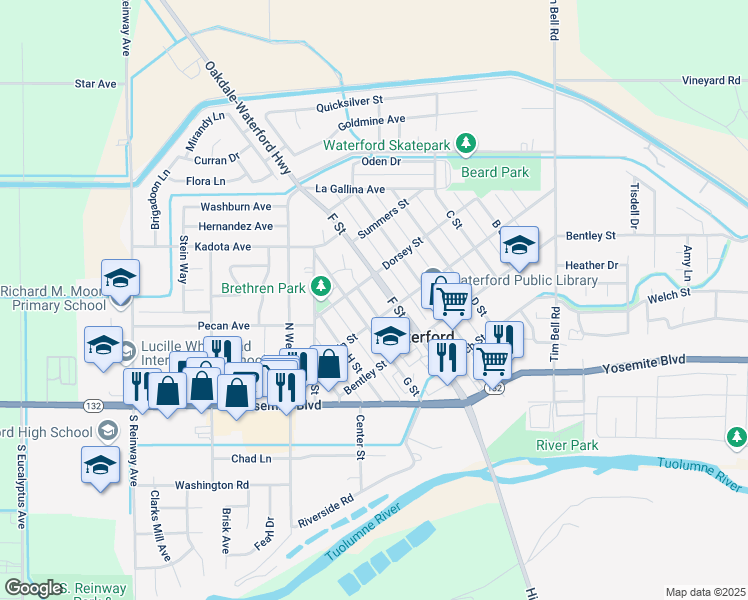map of restaurants, bars, coffee shops, grocery stores, and more near 424 F Street in Waterford