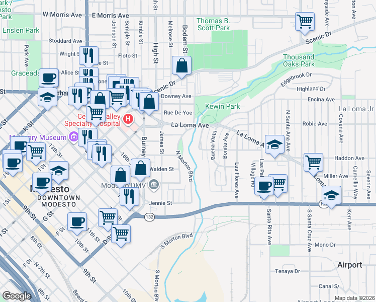 map of restaurants, bars, coffee shops, grocery stores, and more near 318 Brook Way in Modesto