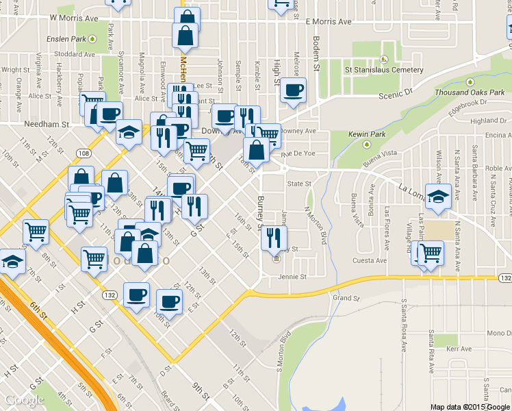 map of restaurants, bars, coffee shops, grocery stores, and more near 109 Howard Street in Modesto