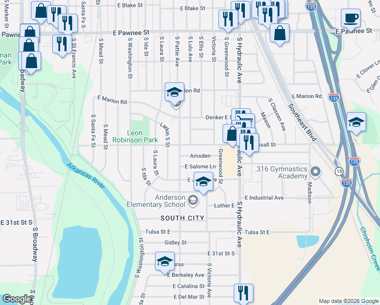 map of restaurants, bars, coffee shops, grocery stores, and more near 2753 South Lulu Street in Wichita