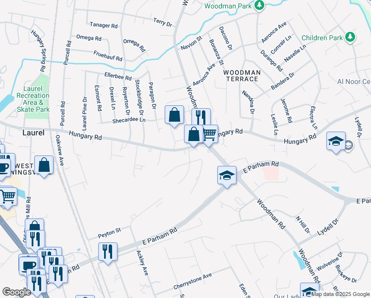 map of restaurants, bars, coffee shops, grocery stores, and more near 2401 Hungary Road in Henrico