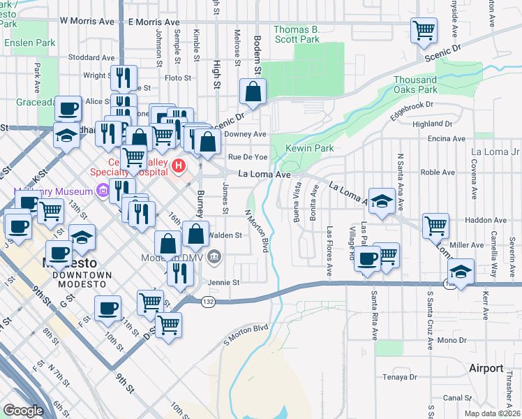 map of restaurants, bars, coffee shops, grocery stores, and more near 318 Brook Way in Modesto