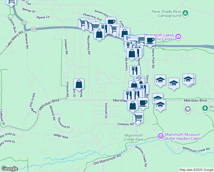 map of restaurants, bars, coffee shops, grocery stores, and more near 2400 Sierra Nevada Road in Mammoth Lakes