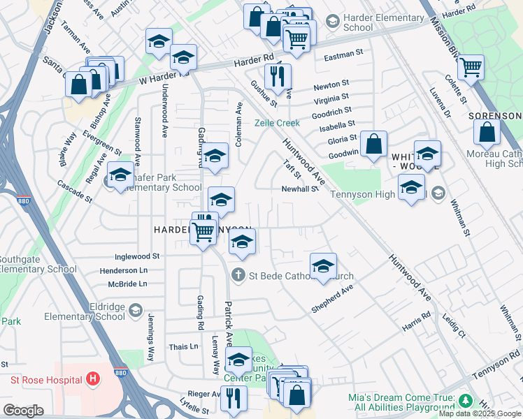 map of restaurants, bars, coffee shops, grocery stores, and more near 749 Schafer Road in Hayward