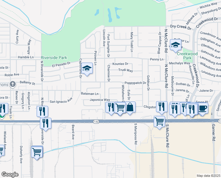 map of restaurants, bars, coffee shops, grocery stores, and more near 3014 Thimbleberry Lane in Modesto