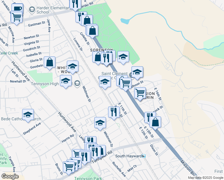 map of restaurants, bars, coffee shops, grocery stores, and more near 574 Jefferson Street in Hayward