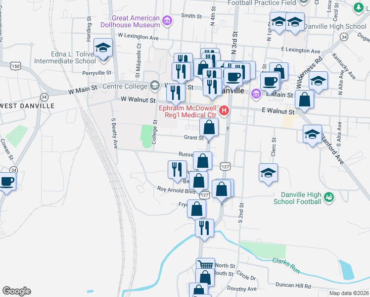 map of restaurants, bars, coffee shops, grocery stores, and more near 400-524 Grant Street in Danville