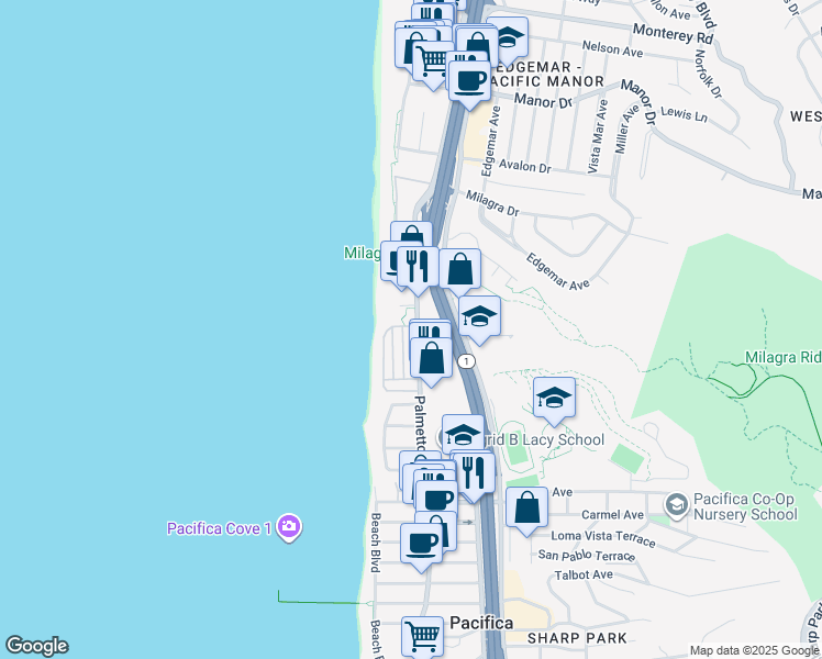 map of restaurants, bars, coffee shops, grocery stores, and more near 12 Sharon Way in Pacifica