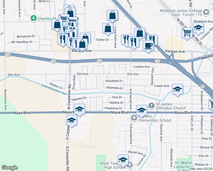 map of restaurants, bars, coffee shops, grocery stores, and more near 1123 Alameda Drive in Modesto