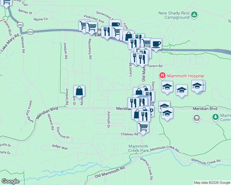map of restaurants, bars, coffee shops, grocery stores, and more near 2 Arrowhead Drive in Mammoth Lakes