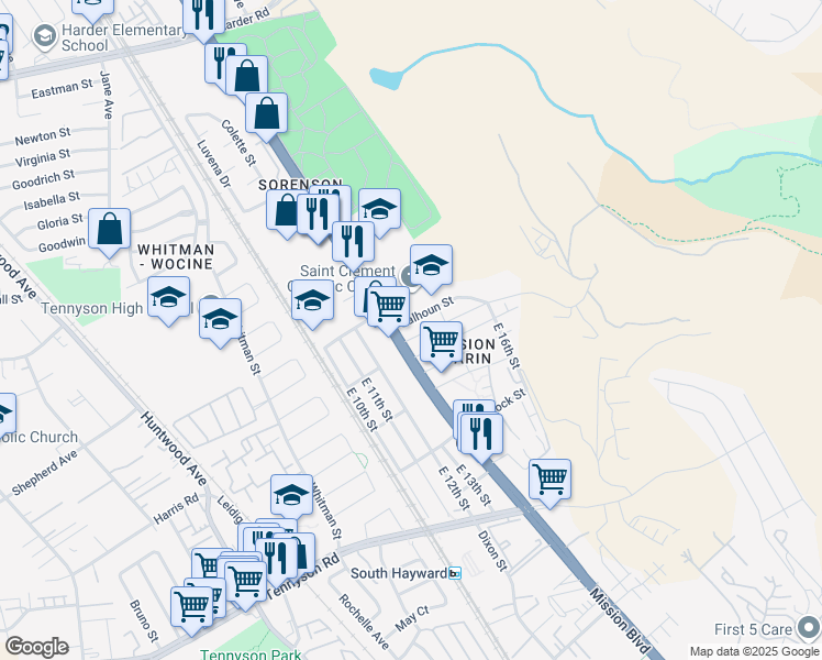 map of restaurants, bars, coffee shops, grocery stores, and more near 750 Calhoun Street in Hayward