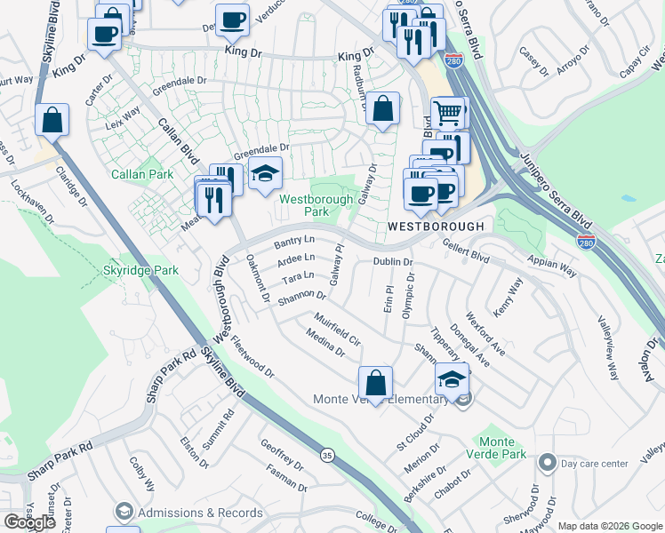 map of restaurants, bars, coffee shops, grocery stores, and more near 2401 Ardee Lane in South San Francisco