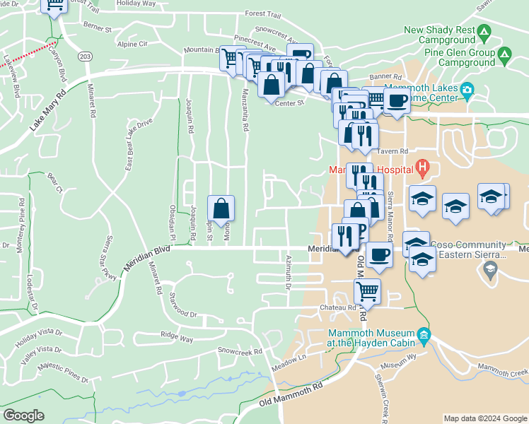 map of restaurants, bars, coffee shops, grocery stores, and more near 380 Chaparral Rd in Mammoth Lakes