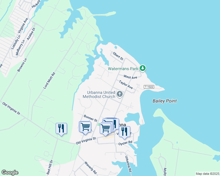 map of restaurants, bars, coffee shops, grocery stores, and more near 340 Rappahannock Avenue in Urbanna