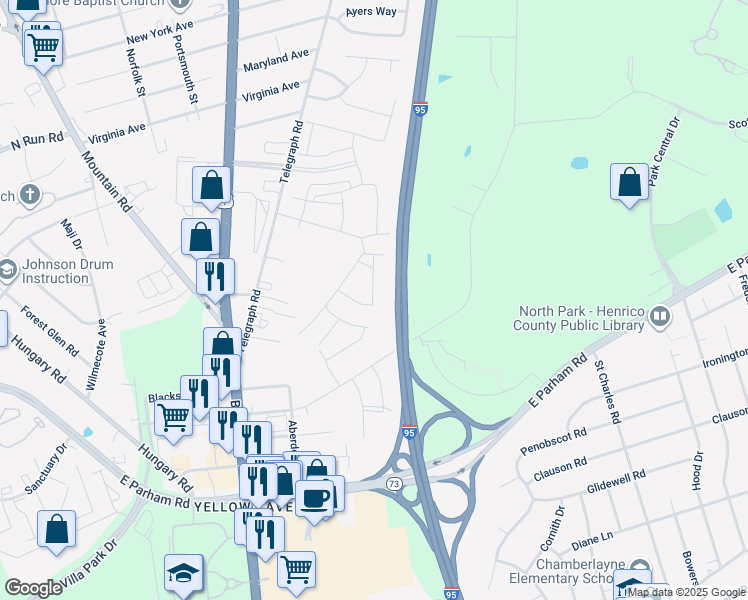 map of restaurants, bars, coffee shops, grocery stores, and more near 950 Scott Road in Richmond
