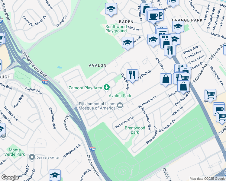 map of restaurants, bars, coffee shops, grocery stores, and more near 316 Granada Drive in South San Francisco