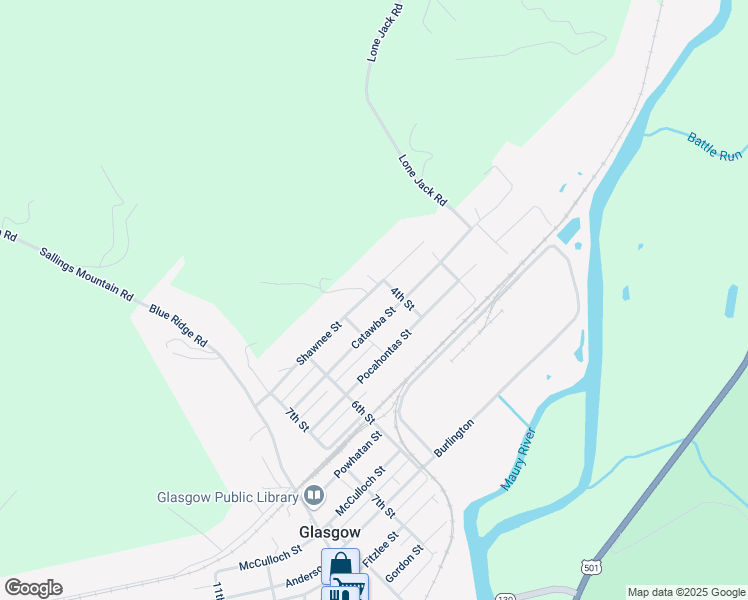 map of restaurants, bars, coffee shops, grocery stores, and more near 310-470 Shawnee Street in Glasgow