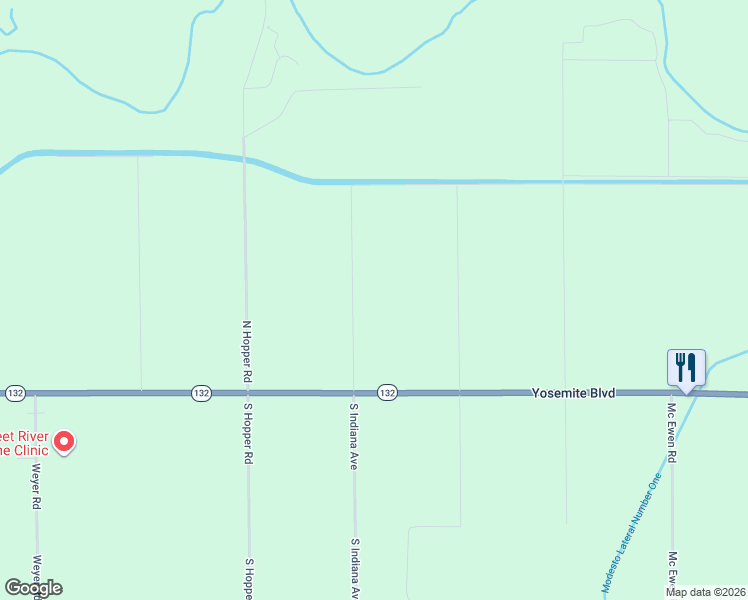 map of restaurants, bars, coffee shops, grocery stores, and more near 318 North Indiana Avenue in Modesto