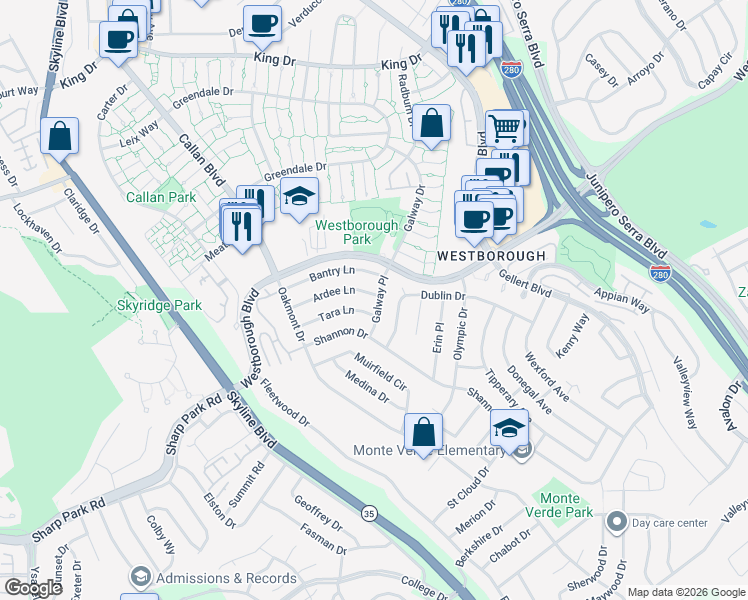 map of restaurants, bars, coffee shops, grocery stores, and more near 2401 Ardee Lane in South San Francisco